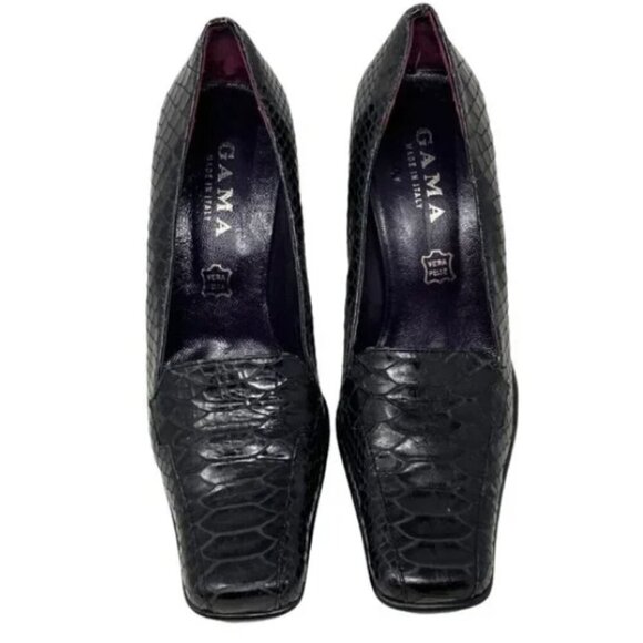 Gama Crocodile Embossed Italian Black Leather Square Toe Pumps - Size 6.5 - Picture 3 of 6